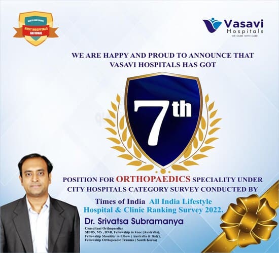 Dr. Srivatsa Subramanya from Vasavi Hospitals Bangalore featured in the 7th position ranking for orthopaedics by Times of India 2022 survey.