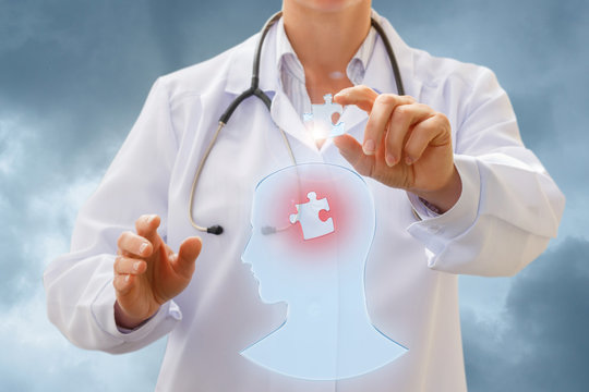 Psychiatrist treating mental health with brain care illustration