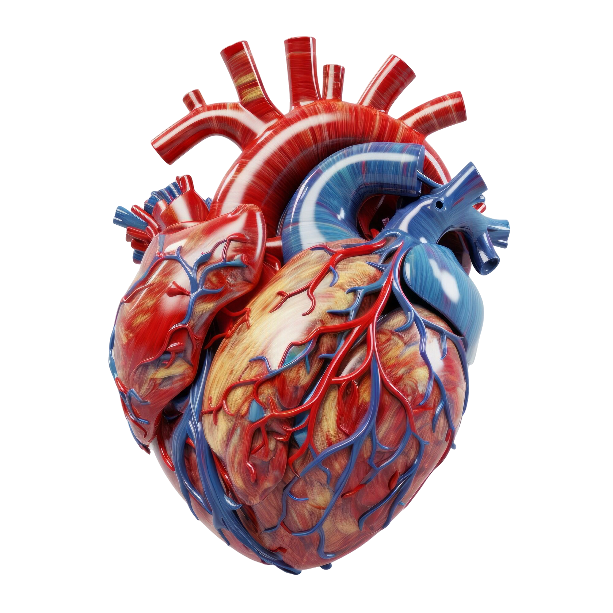 A detailed 3D illustration of a human heart showing arteries and veins, used to highlight cardiac anatomy and advanced cardiology treatments.