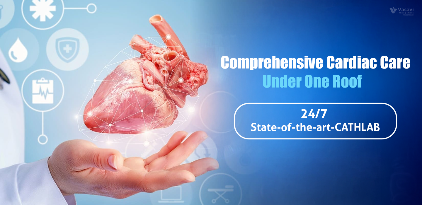 A promotional hospital banner showcasing “Comprehensive Cardiac Care Under One Roof” with a digital 3D heart and 24/7 state-of-the-art CATHLAB services.