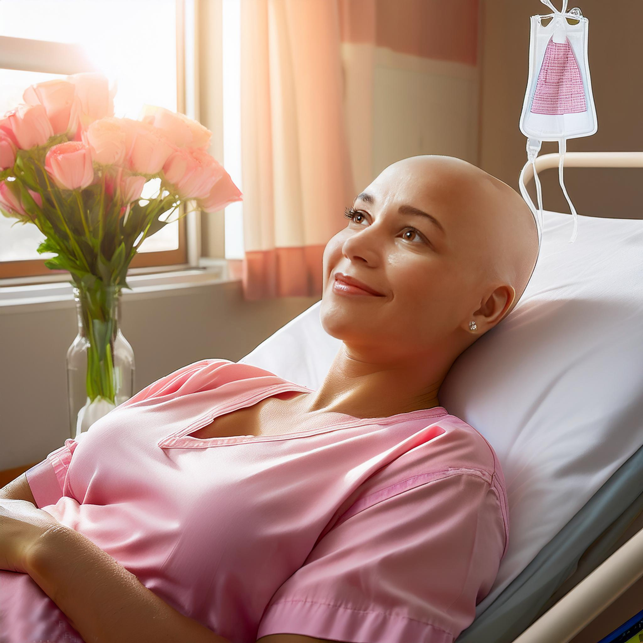 Cancer patient in pink dress receiving treatment and smiling with hope