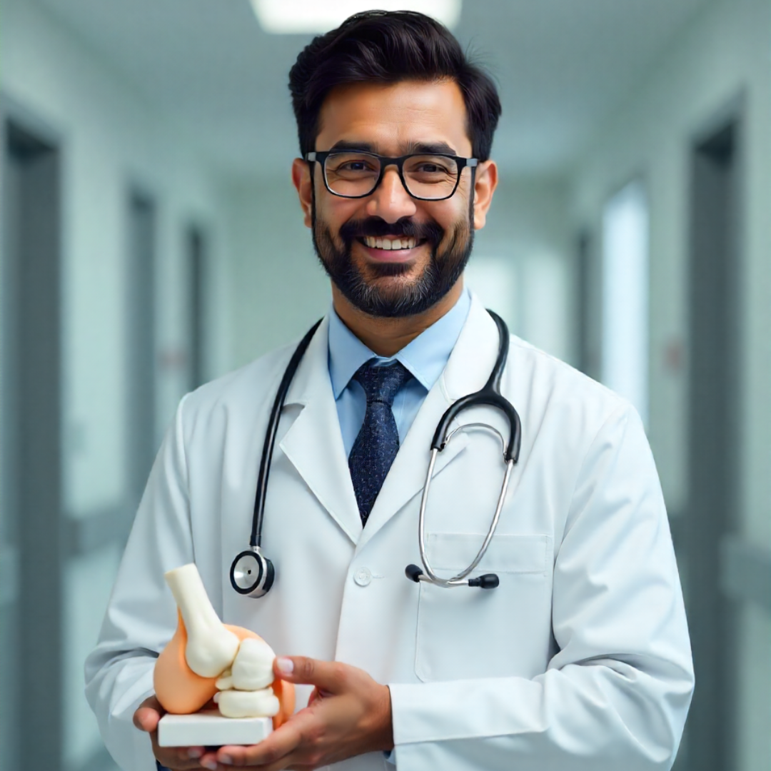Indian orthopedic doctor smiling and holding knee joint model in hospital corridor