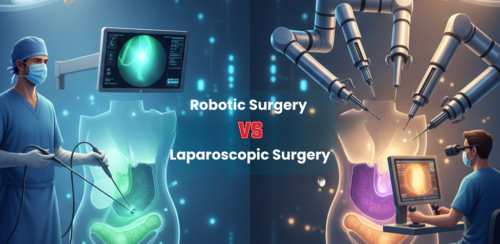 Visual comparison of laparoscopic surgery versus robotic surgery showing differences in technique, precision, and technology