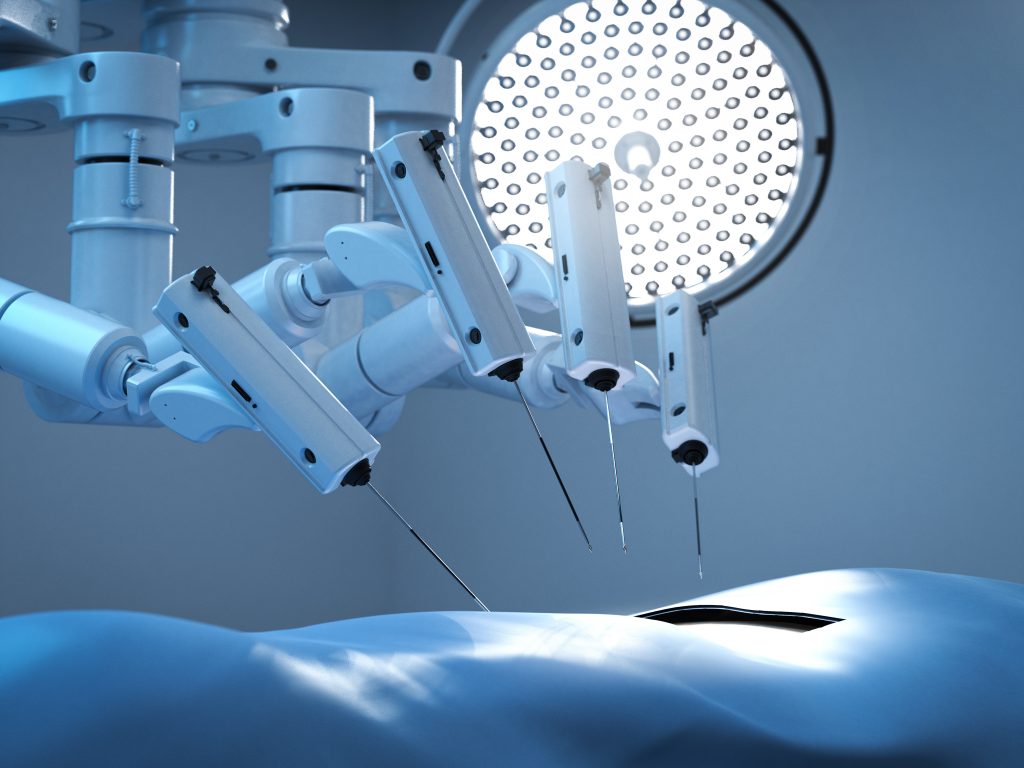Robotic surgical arms performing high-precision minimally invasive surgery under advanced operation theatre lighting